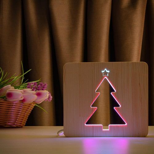 Фото Світильник нічник ArtEco Light з дерева LED "Ялинка" з пультом та регулюванням кольору, подвійний RGB 1021467,
