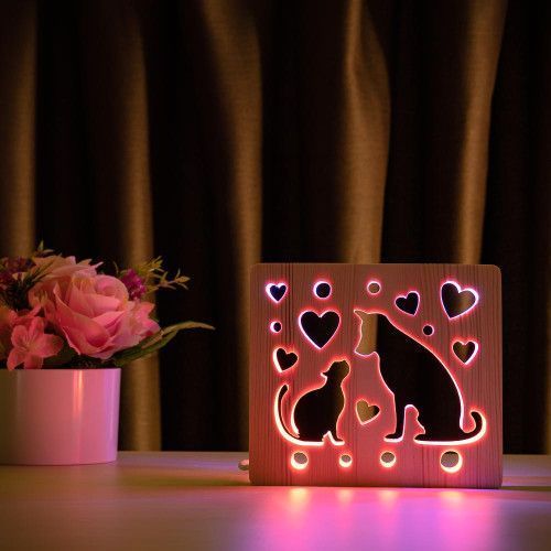 Фото Светильник ночник ArtEco Light с дерева LED "Кот и собака" с пультом и регулировкой цвета, двойной RGB 1020476,