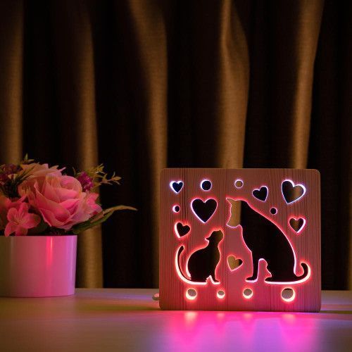 Фото Светильник ночник ArtEco Light с дерева LED "Кот и собака" с пультом и регулировкой цвета, двойной RGB 1020476,
