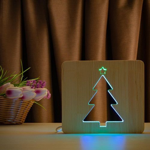 Фото Світильник нічник ArtEco Light з дерева LED "Ялинка" з пультом та регулюванням кольору, подвійний RGB 1021467,