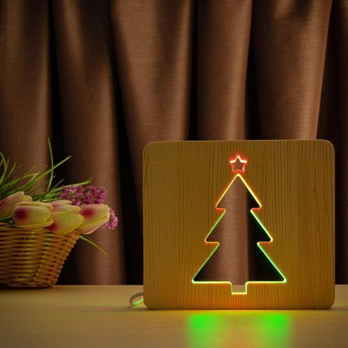 Фото Світильник нічник ArtEco Light з дерева LED "Ялинка" з пультом та регулюванням кольору, подвійний RGB 1021467,