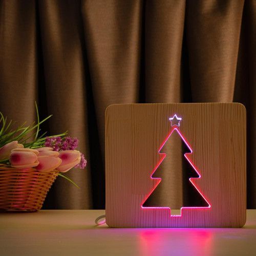 Фото Світильник нічник ArtEco Light з дерева LED "Ялинка" з пультом та регулюванням кольору, подвійний RGB 1021467,