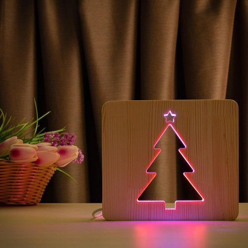 Фото Світильник нічник ArtEco Light з дерева LED "Ялинка" з пультом та регулюванням кольору, подвійний RGB 1021467,