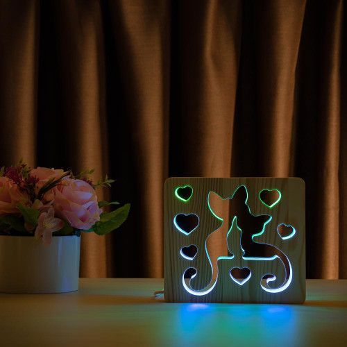 Фото Светильник ночник ArtEco Light с дерева LED "Кошки и любовь" с пультом и регулировкой цвета, двойной RGB 1020360,
