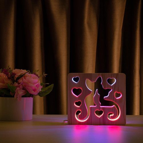 Фото Светильник ночник ArtEco Light с дерева LED "Кошки и любовь" с пультом и регулировкой цвета, двойной RGB 1020360,