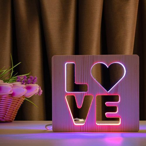 Фото Светильник ночника ArtEco Light с дерева LED "LOVE" с пультом и регулировкой цвета, двойной RGB 1021458,