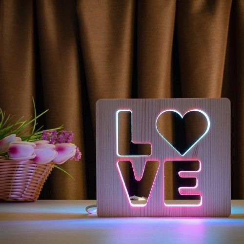 Фото Светильник ночника ArtEco Light с дерева LED "LOVE" с пультом и регулировкой цвета, двойной RGB 1021458,
