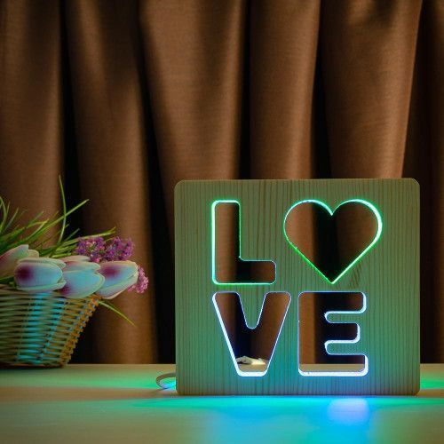 Фото Светильник ночника ArtEco Light с дерева LED "LOVE" с пультом и регулировкой цвета, двойной RGB 1021458,
