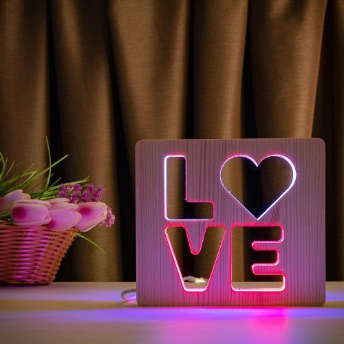 Фото Светильник ночника ArtEco Light с дерева LED "LOVE" с пультом и регулировкой цвета, двойной RGB 1021458,