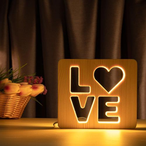 Фото Світильник нічник ArtEco Light з дерева LED "LOVE" з пультом та регулюванням світла, колір теплий білий 1021456,