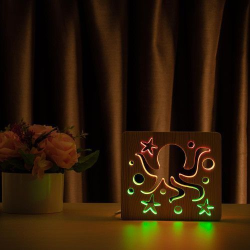 Фото Светильник ночник ArtEco Light из дерева LED "Морской осьминог" с пультом и регулировкой цвета, двойной RGB 1020428,