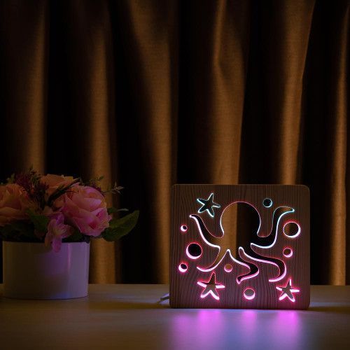 Фото Светильник ночник ArtEco Light из дерева LED "Морской осьминог" с пультом и регулировкой цвета, двойной RGB 1020428,