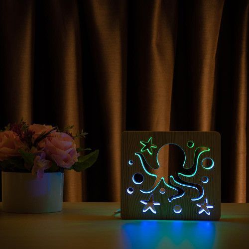 Фото Светильник ночник ArtEco Light из дерева LED "Морской осьминог" с пультом и регулировкой цвета, двойной RGB 1020428,