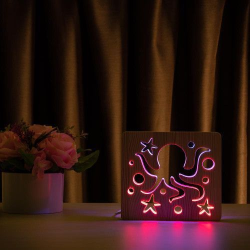 Фото Светильник ночник ArtEco Light из дерева LED "Морской осьминог" с пультом и регулировкой цвета, двойной RGB 1020428,