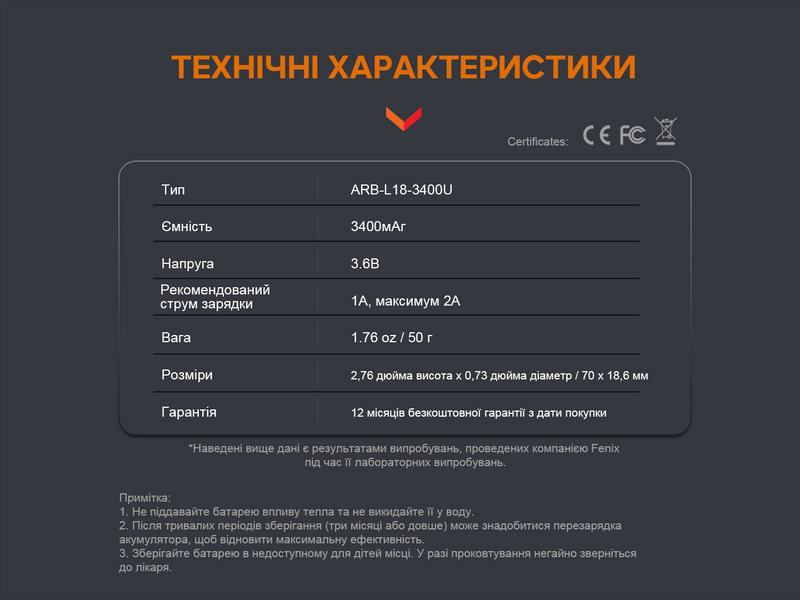 Фото Акумулятор 18650 Fenix (3400 mAh) micro usb зарядка ARB-L18-3400U,