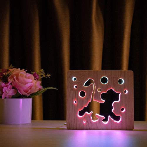 Фото Світильник нічник ArtEco Light з дерева LED "Веселе левеня" з пультом та регулюванням кольору, подвійний RGB 1020404,