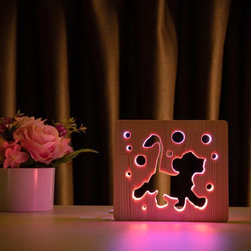 Фото Світильник нічник ArtEco Light з дерева LED "Веселе левеня" з пультом та регулюванням кольору, подвійний RGB 1020404,