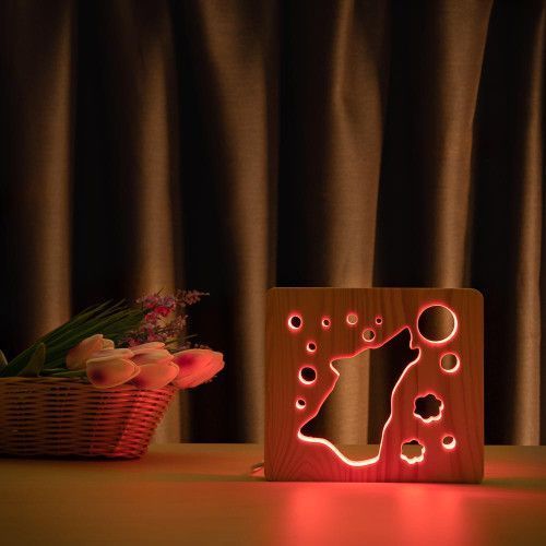Фото Світильник нічник ArtEco Light з дерева LED "Вовк та місяць" з пультом та регулюванням кольору, RGB 1020407,