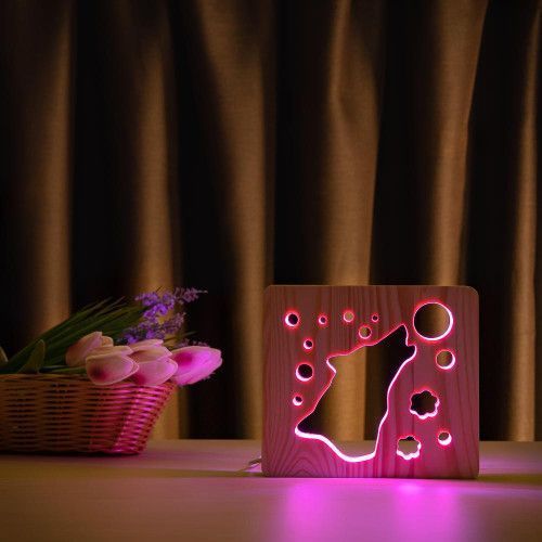 Фото Світильник нічник ArtEco Light з дерева LED "Вовк та місяць" з пультом та регулюванням кольору, RGB 1020407,