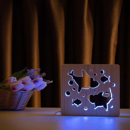 Фото Светильник ночник ArtEco Light с дерева LED "Две акулы и рыбки" с пультом и регулировкой цвета, RGB 1020431,