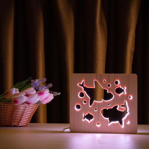 Фото Светильник ночник ArtEco Light с дерева LED "Две акулы и рыбки" с пультом и регулировкой цвета, RGB 1020431,