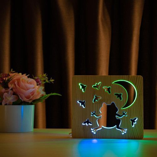 Фото Світильник нічник ArtEco Light з дерева LED "Жабка та цвіркуни" з пультом та регулюванням кольору, подвійний RGB 1020420,
