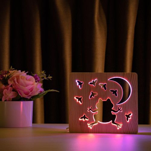 Фото Світильник нічник ArtEco Light з дерева LED "Жабка та цвіркуни" з пультом та регулюванням кольору, подвійний RGB 1020420,