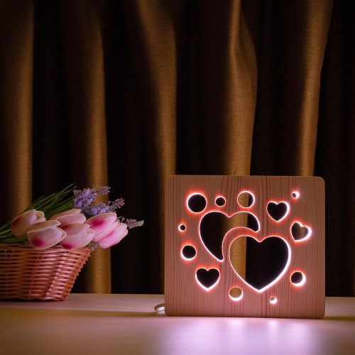 Фото Світильник нічник ArtEco Light з дерева LED "Сердечка" з пультом та регулюванням кольору, RGB 1020455,