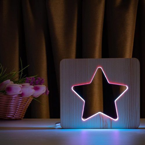 Фото Світильник нічник ArtEco Light з дерева LED "Зірка" з пультом та регулюванням кольору, подвійний RGB 1021474,