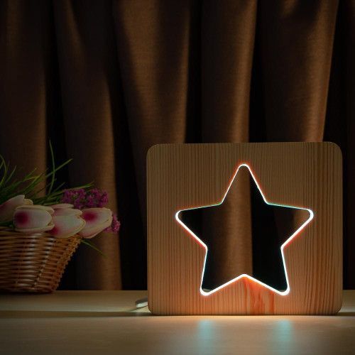 Фото Світильник нічник ArtEco Light з дерева LED "Зірка" з пультом та регулюванням кольору, подвійний RGB 1021474,