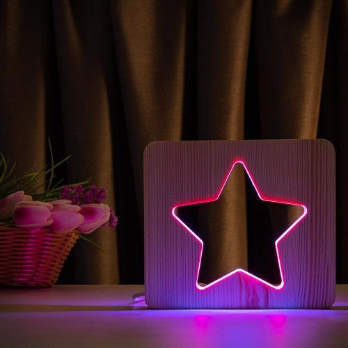 Фото Світильник нічник ArtEco Light з дерева LED "Зірка" з пультом та регулюванням кольору, подвійний RGB 1021474,