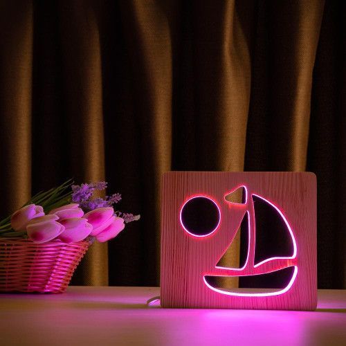 Фото Світильник нічник ArtEco Light з дерева LED "Кораблик" з пультом та регулюванням кольору, RGB 1020443,