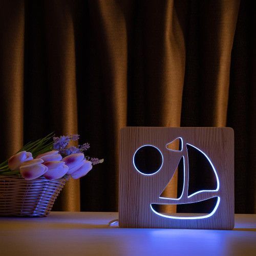 Фото Світильник нічник ArtEco Light з дерева LED "Кораблик" з пультом та регулюванням кольору, RGB 1020443,