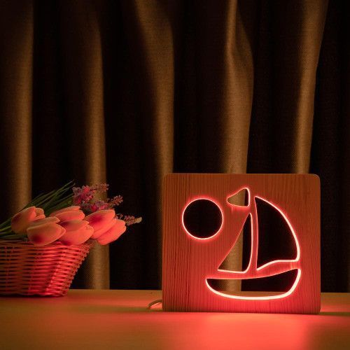 Фото Світильник нічник ArtEco Light з дерева LED "Кораблик" з пультом та регулюванням кольору, RGB 1020443,