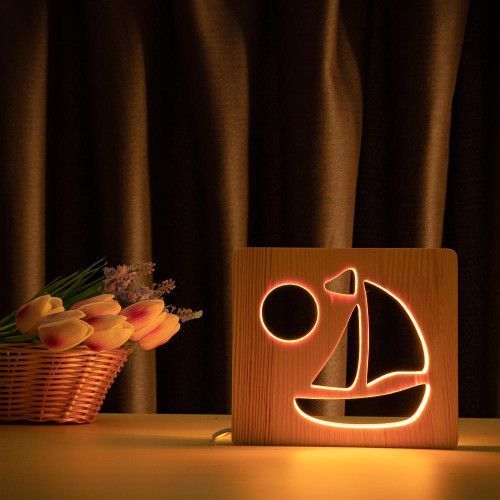 Фото Світильник нічник ArtEco Light з дерева LED "Кораблик" з пультом та регулюванням кольору, RGB 1020443,