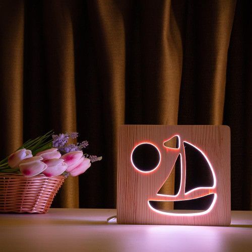 Фото Світильник нічник ArtEco Light з дерева LED "Кораблик" з пультом та регулюванням кольору, RGB 1020443,