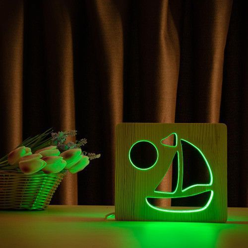 Фото Світильник нічник ArtEco Light з дерева LED "Кораблик" з пультом та регулюванням кольору, RGB 1020443,