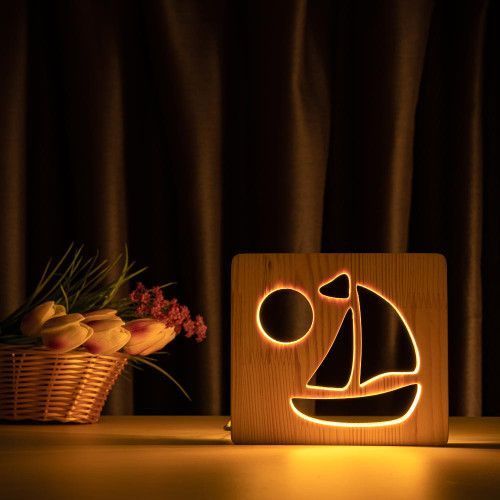 Фото Світильник нічник ArtEco Light з дерева LED "Кораблик" з пультом та регулюванням світла, колір теплий білий 1020442,