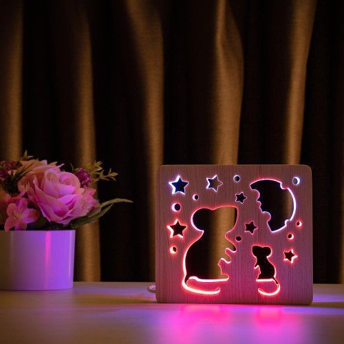 Фото Светильник ночник ArtEco Light из дерева LED "Мишки с сыром" с пультом и регулировкой цвета, двойной RGB 1020368,