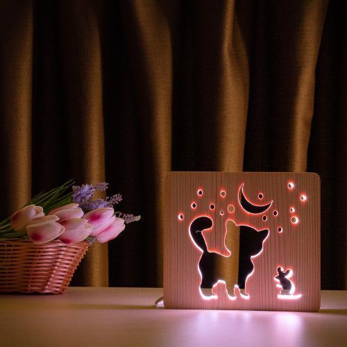 Фото Светильник ночник ArtEco Light из дерева LED "Кот и мышка под луной" с пультом и регулировкой цвета, RGB 1020347,