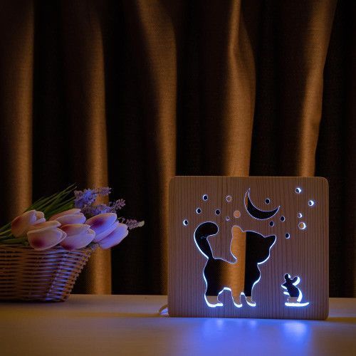 Фото Светильник ночник ArtEco Light из дерева LED "Кот и мышка под луной" с пультом и регулировкой цвета, RGB 1020347,