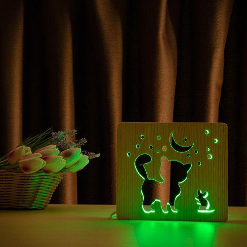 Фото Светильник ночник ArtEco Light из дерева LED "Кот и мышка под луной" с пультом и регулировкой цвета, RGB 1020347,