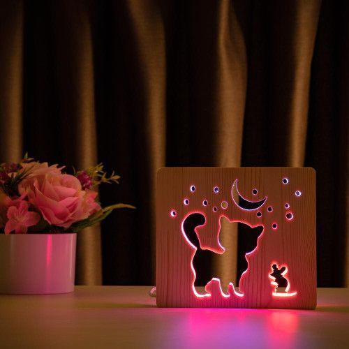 Фото Светильник ночник ArtEco Light из дерева LED "Кот и мышка под луной" с пультом и регулировкой цвета, двойной RGB 1020348,