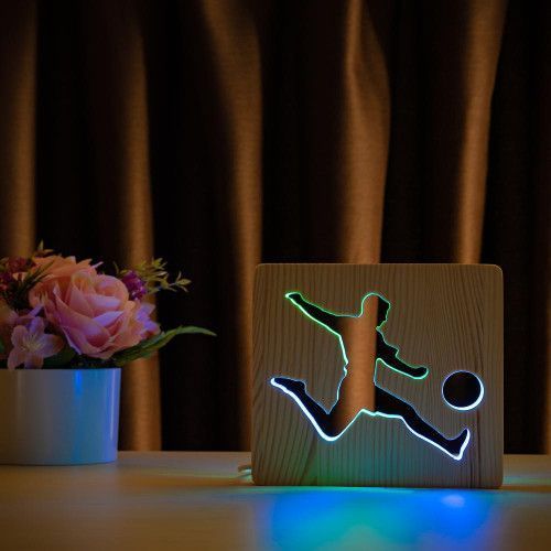 Фото Світильник нічник ArtEco Light з дерева LED "Футболіст з м'ячем" з пультом та регулюванням кольору, подвійний RGB 1020464,