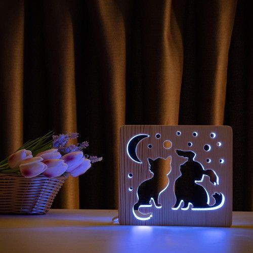 Фото Светильник ночник ArtEco Light с дерева LED "Кот и собачка" с пультом и регулировкой цвета, RGB 1020355,