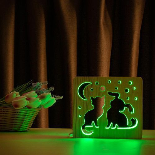 Фото Светильник ночник ArtEco Light с дерева LED "Кот и собачка" с пультом и регулировкой цвета, RGB 1020355,