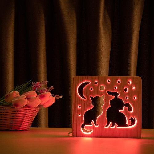 Фото Светильник ночник ArtEco Light с дерева LED "Кот и собачка" с пультом и регулировкой цвета, RGB 1020355,