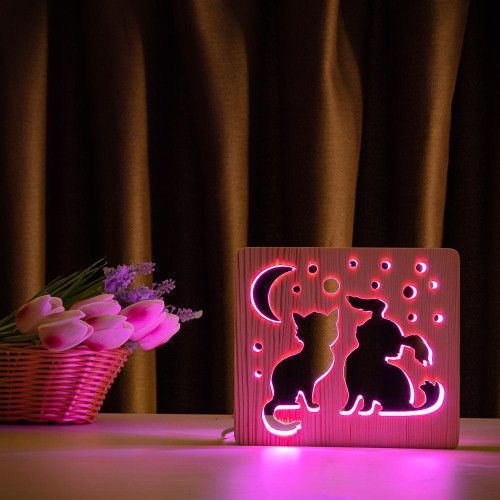 Фото Светильник ночник ArtEco Light с дерева LED "Кот и собачка" с пультом и регулировкой цвета, RGB 1020355,