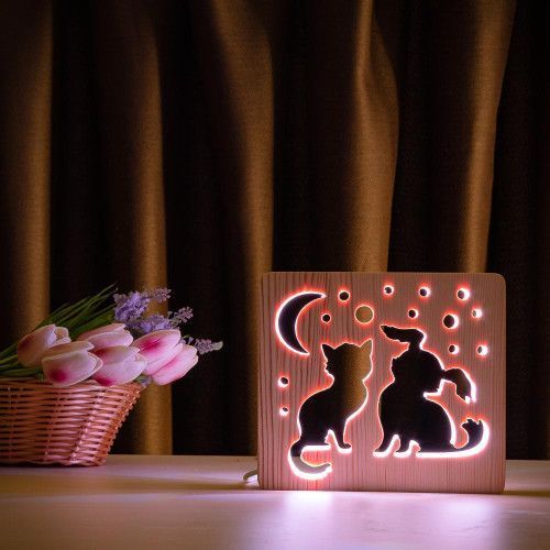 Фото Светильник ночник ArtEco Light с дерева LED "Кот и собачка" с пультом и регулировкой цвета, RGB 1020355,