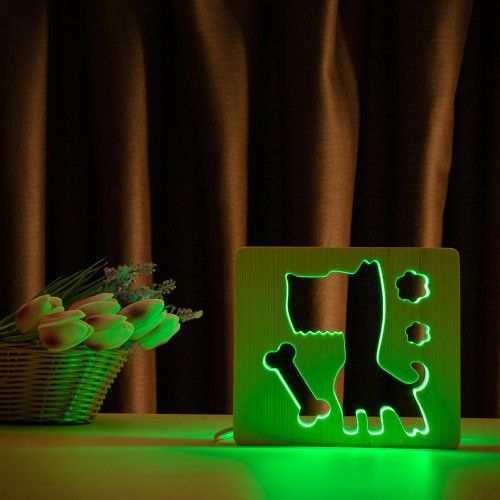 Фото Світильник нічник ArtEco Light з дерева LED "Пес та кісточка" з пультом та регулюванням кольору, RGB 1020371,